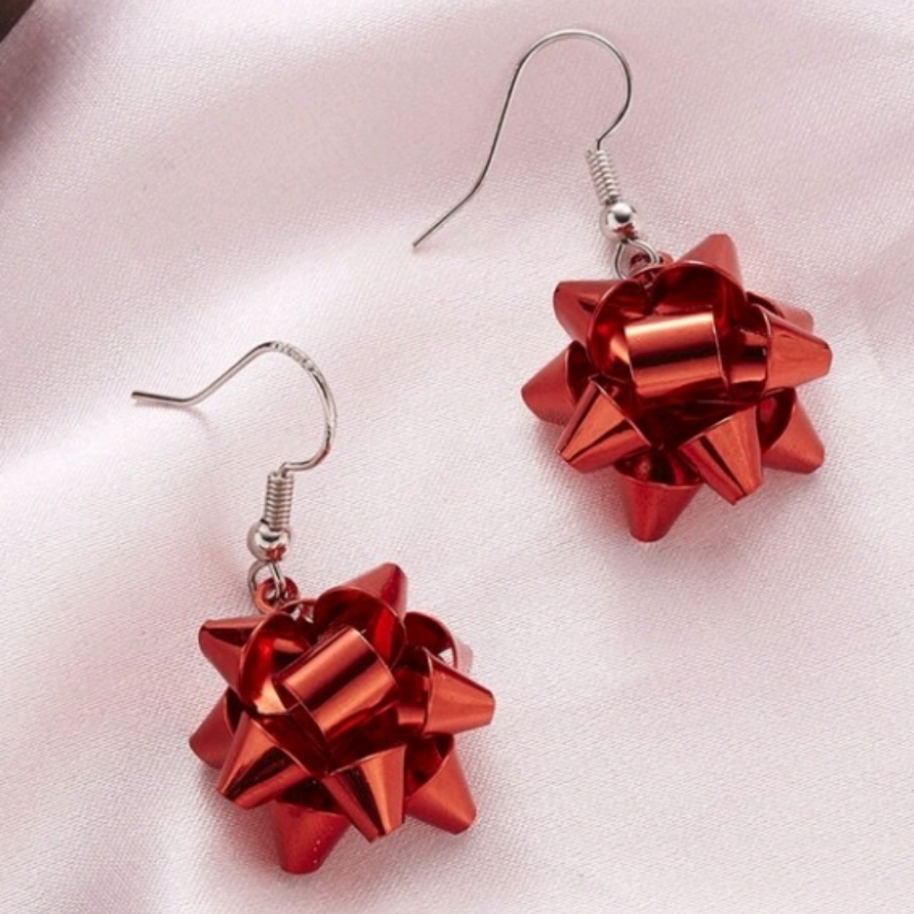 4/$40 New Red Gift Bow Metallic Earrings